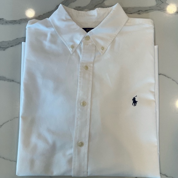 Ralph Lauren White Short-Sleeve Button-Down Polo Shirt with Navy Logo - Picture 4 of 5